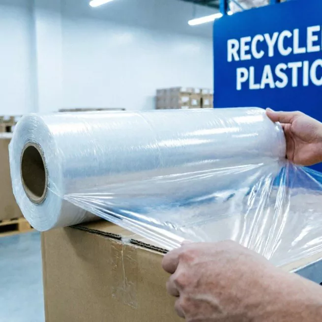Stretchomslag av återvunnen plast